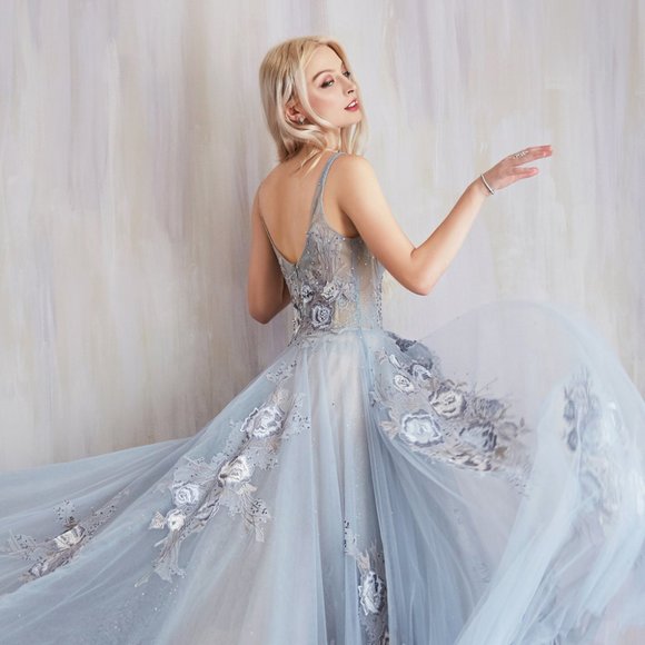 NEW LONG SLEEVELESS EMBROIDERED FLORAL TULLE BALL GOWN WITH ZIPPER BACK AL A0893 - Picture 7 of 9